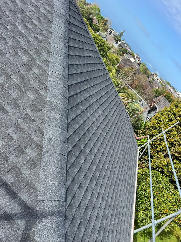 Grey asphalt shingle roof - side angle view